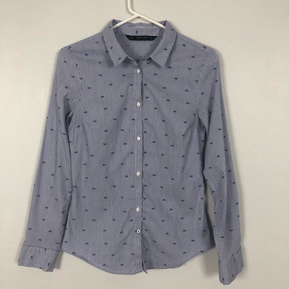 Zara Basic Bicycle Print Button Down Pinstripe Top - Picture 1 of 8